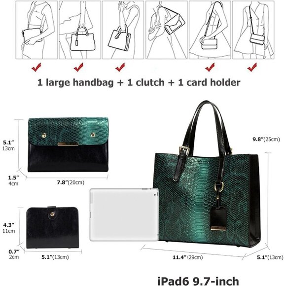 Women’s green 3 Pcs Crocodile Pattern Satchel Set | Stylish Tote & Purse Bags - Picture 2 of 6